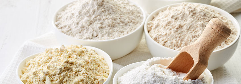 Different types of gluten-free flours, such as rice flour.