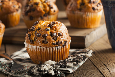 A delicious and fluffy chocolate chip muffin. A great treat for breakfast or a snack.
