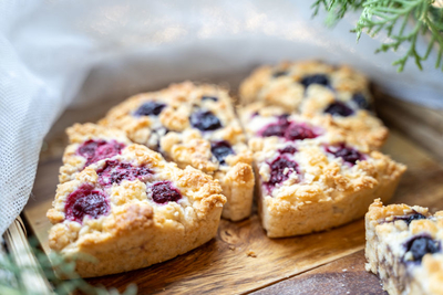 A sweet and tart breakfast treat complete with a great buttermilk flavor! Make the night before, or freeze a bunch, then bake the following morning. Nothing beats a hot and fluffy scone (not to mention full of nutrition thanks to the whole wheat flour) with your cup of Joe!