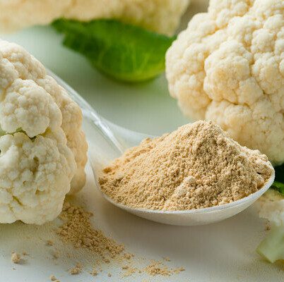 Cauliflower flour is a fine ground gluten-free powder made from dried cauliflower florets, stems or leaves.