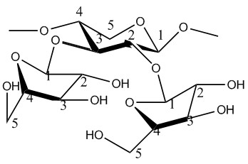 Arabinoxylan structure. D-xylopyranosyl residue substituted on C(O)-2 and C(O)-3 with L-arabinofuranosyl residues.